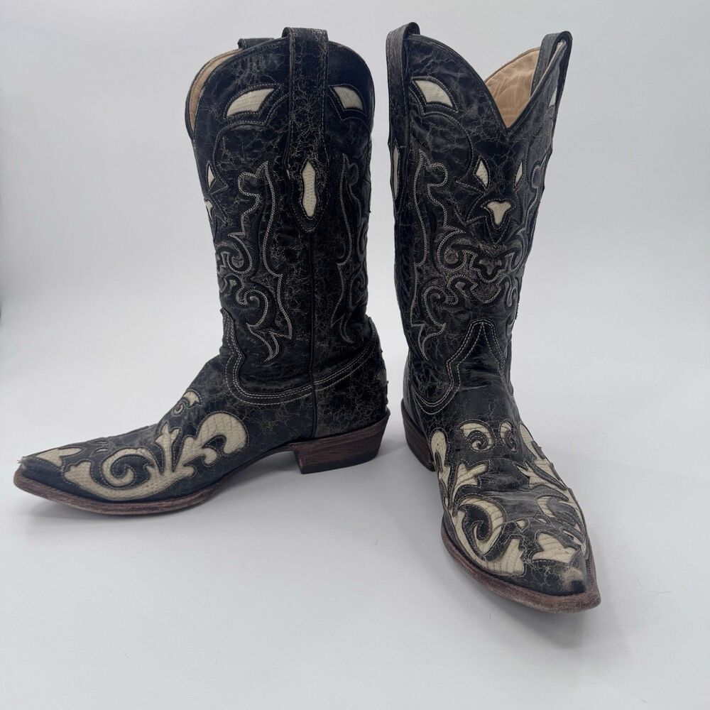 Corral Vintage Boots Mens 10 D Black Gray Laser Cut Lizard Inlay Fast Shipping
